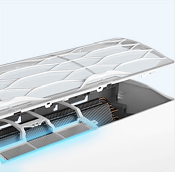 The LG air conditioner is seen with the top open exposing the interior. There is a blue neon light highlighting the filter inside. 